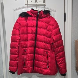 Nautica Red Puffer Jacket with Black Fur Trim